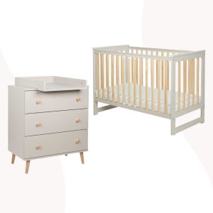 ZESTAW Komoda i Łóżeczko z barierką IWI beż/buk