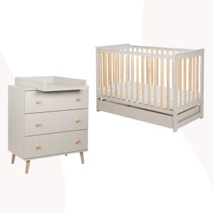 ZESTAW Komoda i Łóżeczko z barierką i szufladą IWI beż/buk