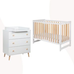 ZESTAW Komoda i Łóżeczko z barierką IWI biel/buk