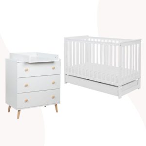 ZESTAW Komoda i Łóżeczko z barierką i szufladą IWI biel