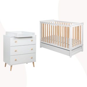 ZESTAW Komoda i Łóżeczko z barierką i szufladą IWI biel/buk
