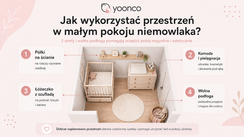 infografika przedstwiająca mały pokój, z łóżeczkiem niemowlęcym z szufladą, komodę i półkę ścienną – praktycznie rozmieszczony zestaw mebli dziecięcych z wolną przestrzenią na podłodze