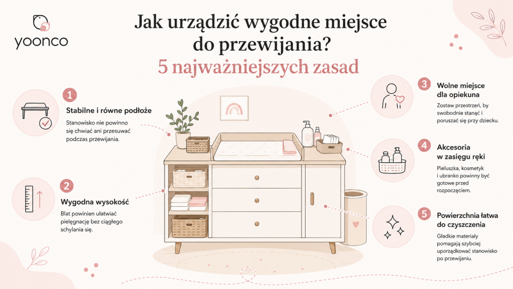 Infografika pokazująca, jak urządzić miejsce do przewijania: przewijak z półkami oraz zasady bezpiecznego używania przewijaka twardego i miękkiego.