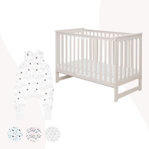 Łóżeczko drewniane z barierką IWI beż + śpiworek z nogawkami GRATIS