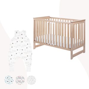 Łóżeczko drewniane z barierką IWI natural + śpiworek z nogawkami GRATIS